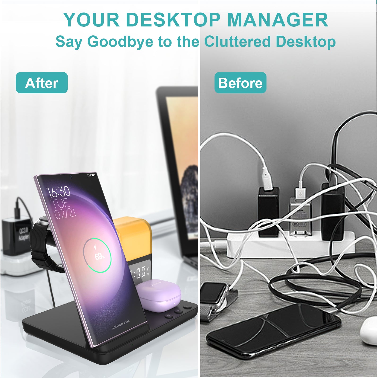 👍Three-in-one wireless charging clock model